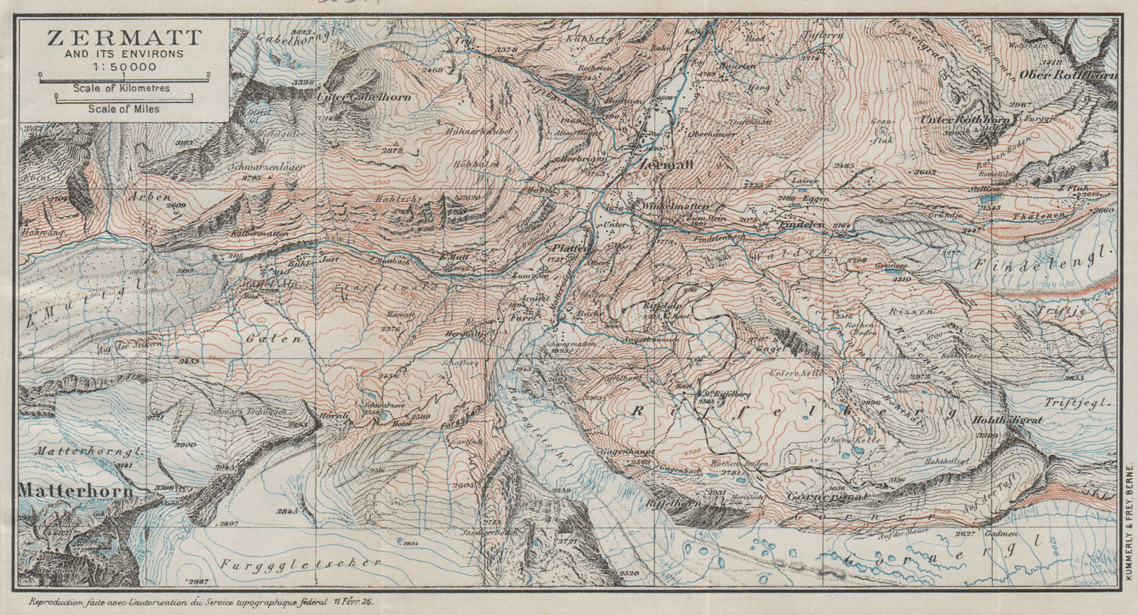 ZERMATT & ENVIRONS.Matterhorn Breuil-Cervinia Dent Blanche.Switzerland 1930 map